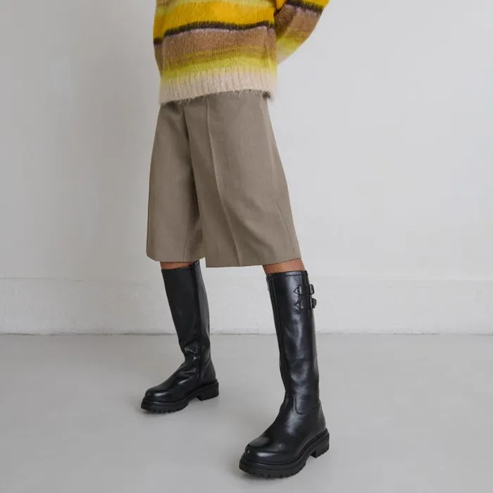 Women High Boots With Notched Soles And Buckles Black JONAK Boots Thighhigh Boots