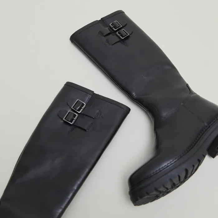 Women High Boots With Notched Soles And Buckles Black JONAK Boots Thighhigh Boots