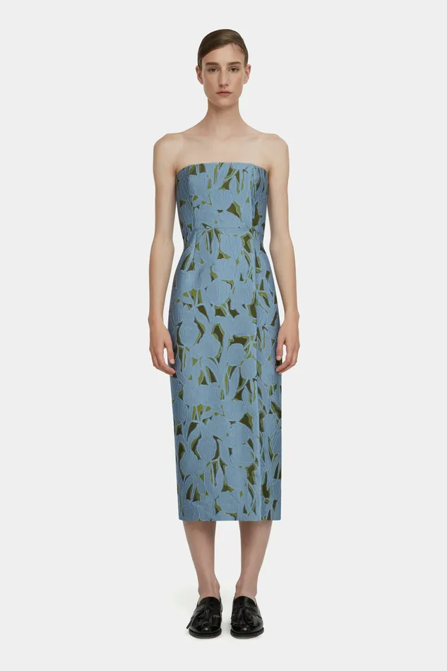 Women Imara Dress in Cloud Blue and Khaki Embellished Wool Dresses Emilia Wickstead