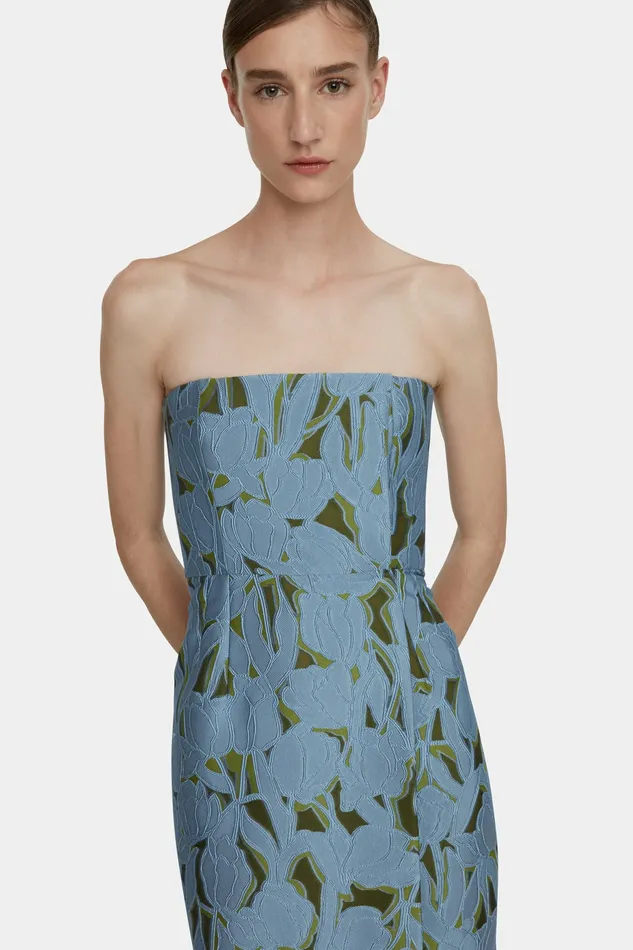Women Imara Dress in Cloud Blue and Khaki Embellished Wool Dresses Emilia Wickstead Women Imara Dress in Cloud Blue and Khaki Embellished Wool Dresses Emilia Wickstead