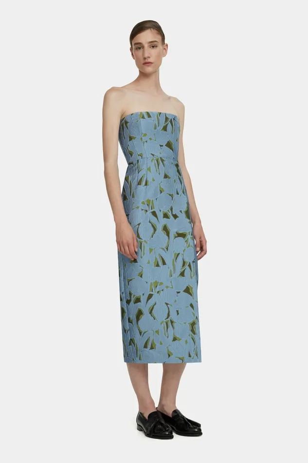 Women Imara Dress in Cloud Blue and Khaki Embellished Wool Dresses Emilia Wickstead Women Imara Dress in Cloud Blue and Khaki Embellished Wool Dresses Emilia Wickstead