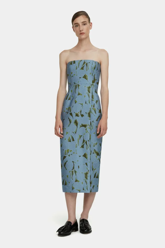 Women Imara Dress in Cloud Blue and Khaki Embellished Wool Dresses Emilia Wickstead Women Imara Dress in Cloud Blue and Khaki Embellished Wool Dresses Emilia Wickstead