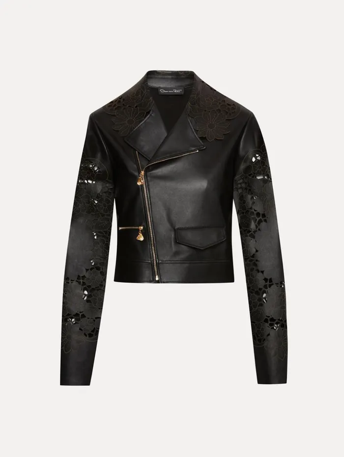 Women Jackets and Coats Oscar De La Renta Laser Cut Floral Leather Jacket Black