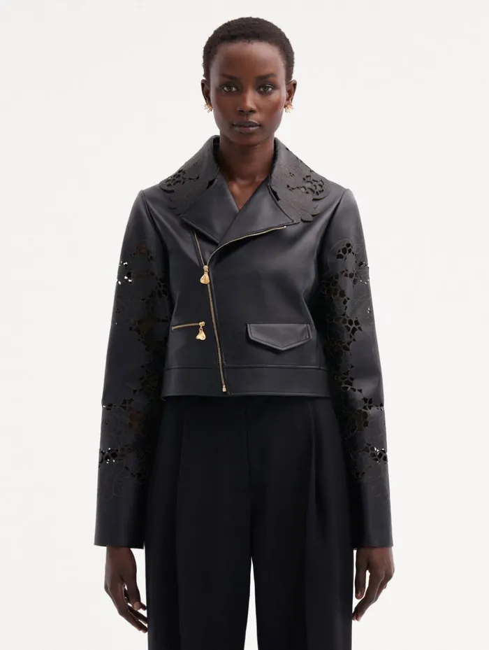 Women Jackets and Coats Oscar De La Renta Laser Cut Floral Leather Jacket Black