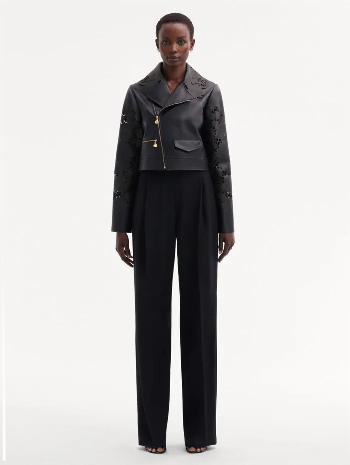 Women Jackets and Coats Oscar De La Renta Laser Cut Floral Leather Jacket Black