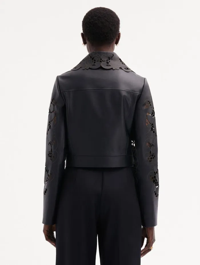 Women Jackets and Coats Oscar De La Renta Laser Cut Floral Leather Jacket Black