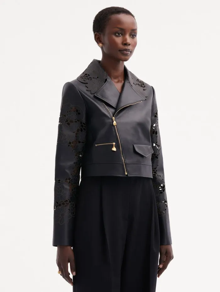 Women Jackets and Coats Oscar De La Renta Laser Cut Floral Leather Jacket Black