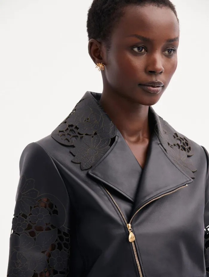 Women Jackets and Coats Oscar De La Renta Laser Cut Floral Leather Jacket Black