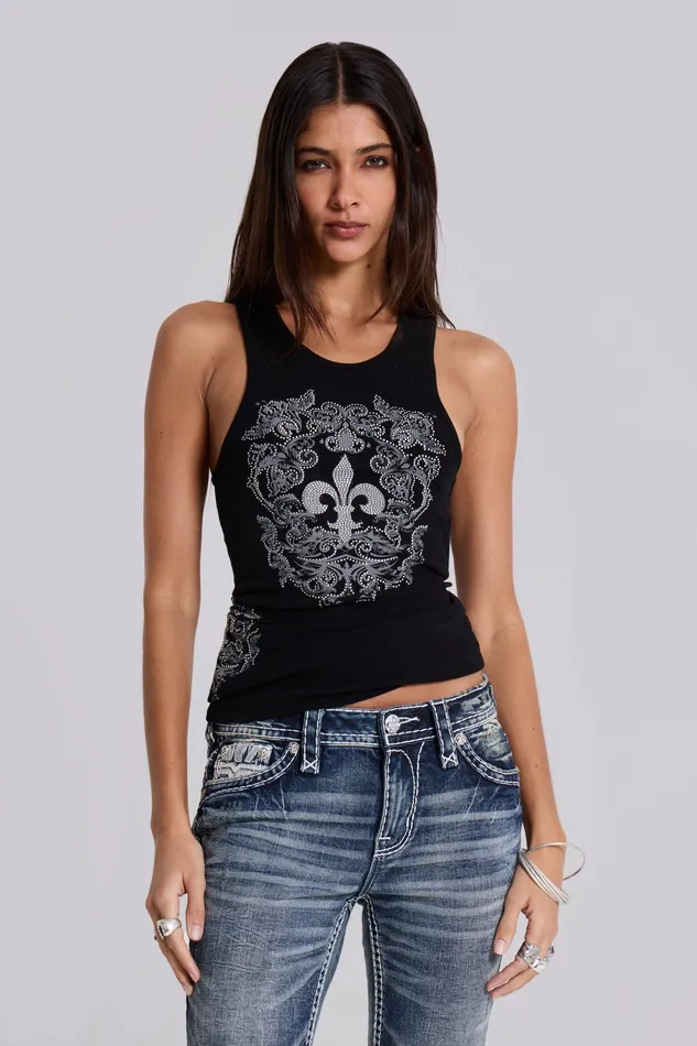 Women Jaded London Shop Rock Revival Black Fleur De Lis Vest Tops