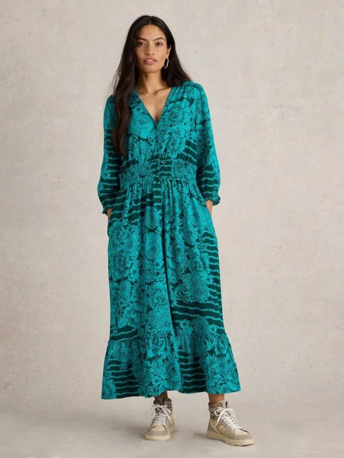 Women Jonie Shirred Jersey Dress Green Print White Stuff Dresses
