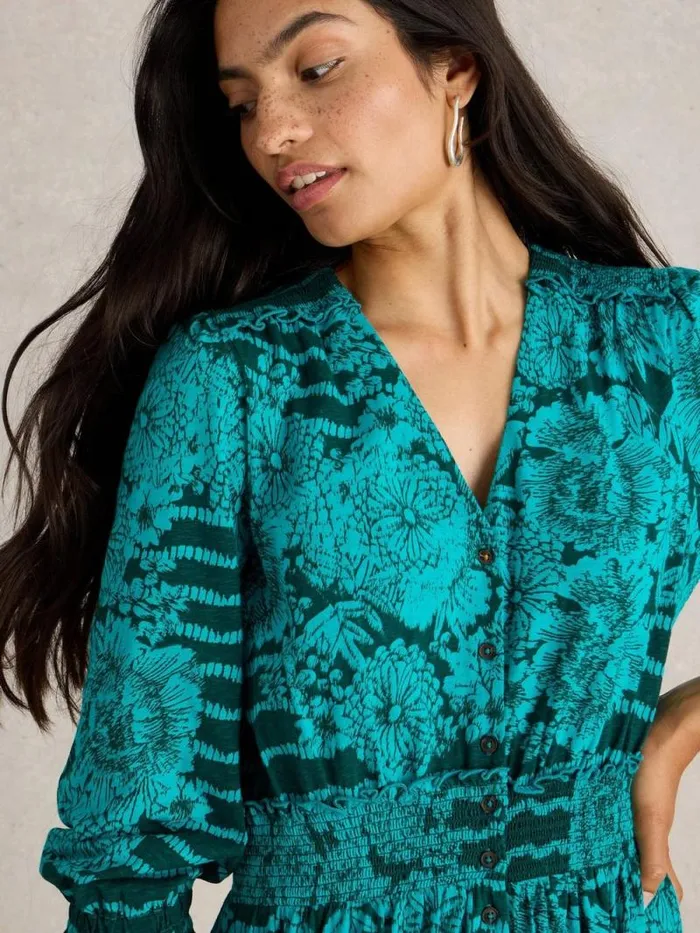 Women Jonie Shirred Jersey Dress Green Print White Stuff Dresses Women Jonie Shirred Jersey Dress Green Print White Stuff Dresses