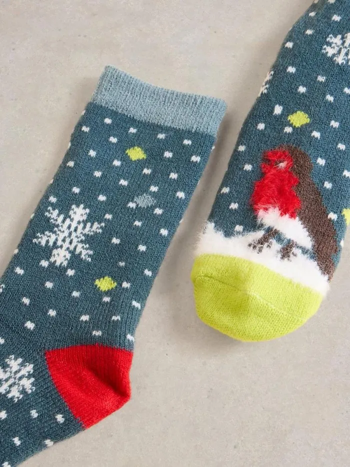 Women Kissing Robins Cabin Sock Teal Multi White Stuff Socks
