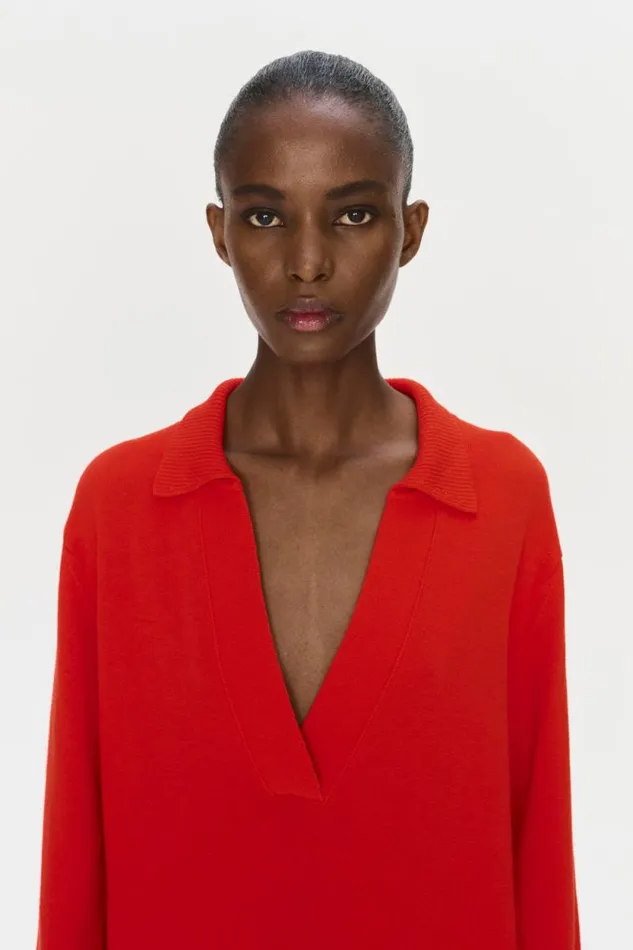 Women Knitwear Jonathan Simkhai Long Sleeve Polo Red Long Sleeve VNeck Polo