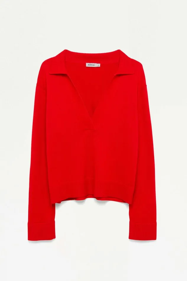 Women Knitwear Jonathan Simkhai Long Sleeve Polo Red Long Sleeve VNeck Polo