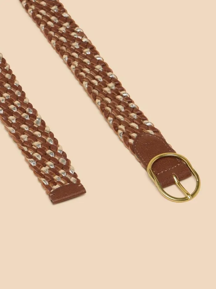 Women Leather Weave Belt Tan Multi White Stuff Belts
