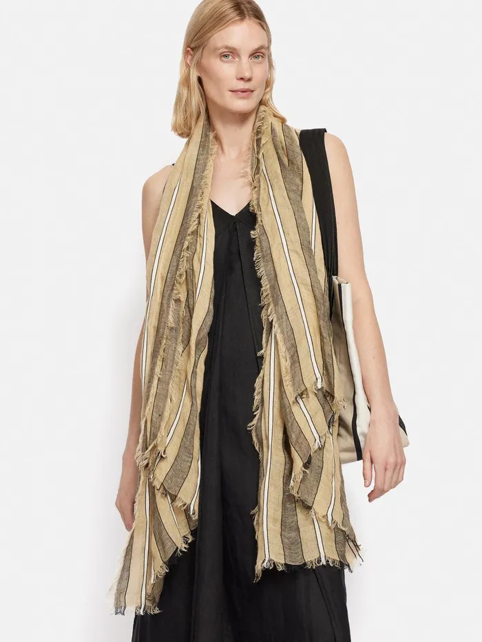 Women Linen Mix Stripe Woven Scarf Natural Jigsaw Ponchos and Scarves