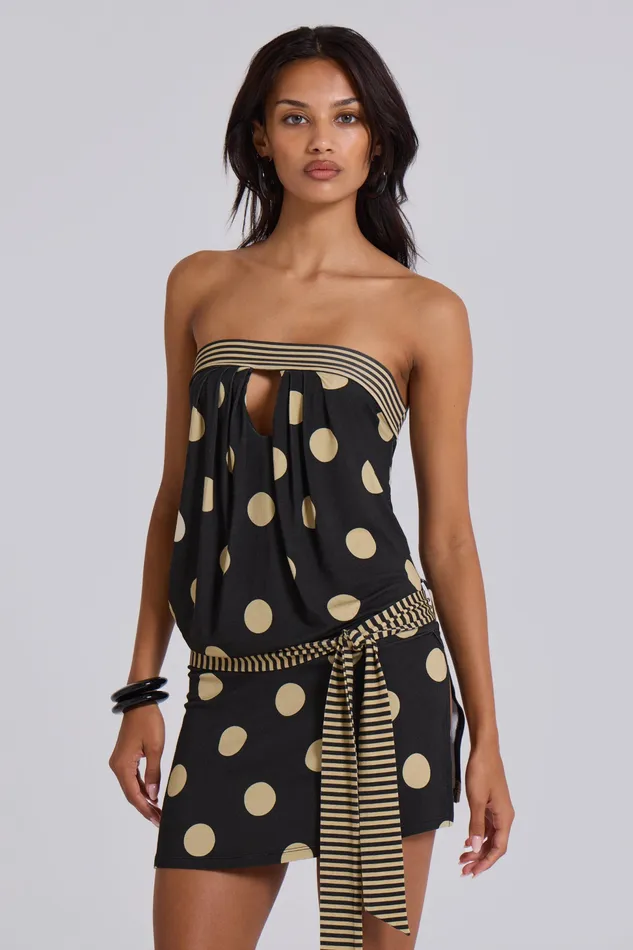 Women Lola Strapless Mini Dress in Polkadot Stripe Dresses Jaded London