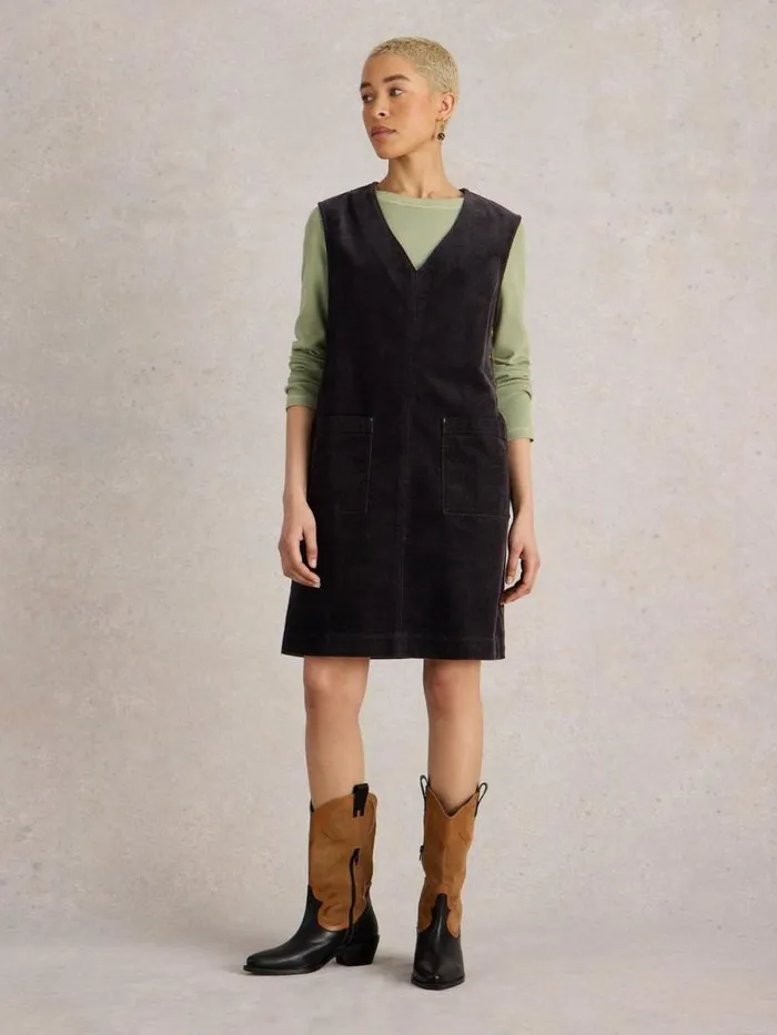 Women Maple Cord Pinafore Pure Black White Stuff Dresses
