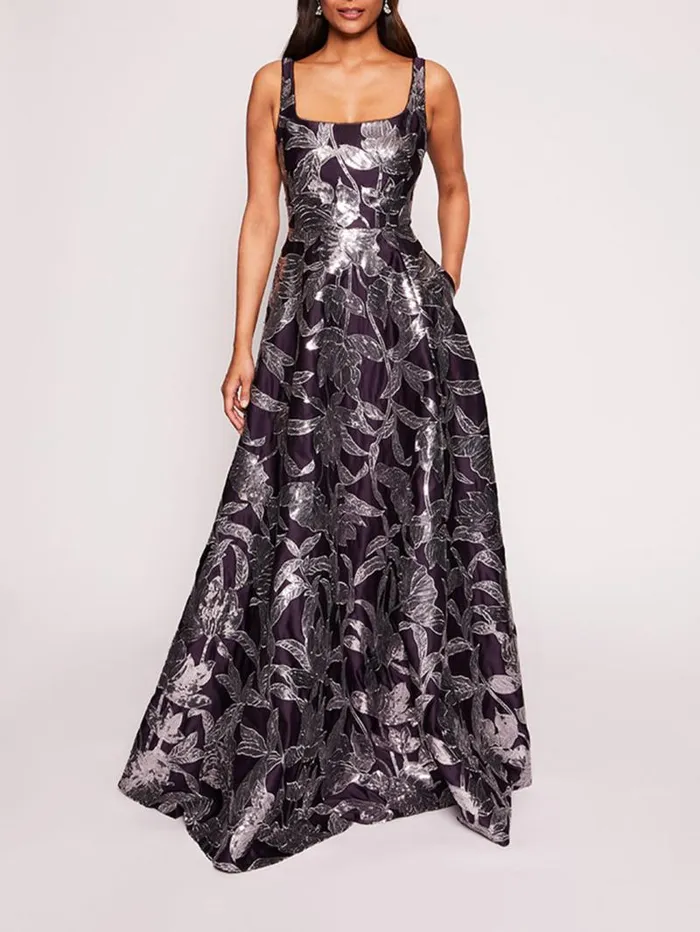 Women Marchesa Marchesa Notte Lotus Sequin Gown Aubergine Gunmetal