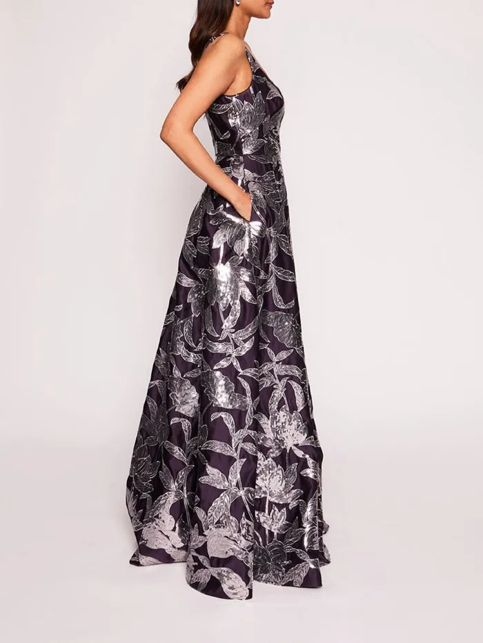 Women Marchesa Marchesa Notte Lotus Sequin Gown Aubergine Gunmetal