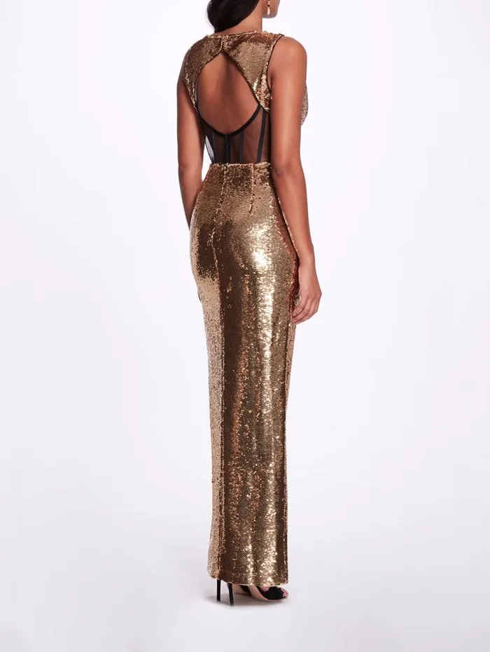 Women Marchesa Marchesa Notte Metallic Open Back Gown Gold