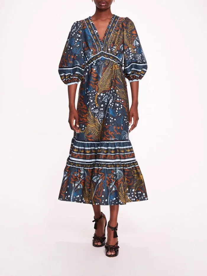 Women Marchesa Marchesa Rosa Flying Cheetah Tiered Midi Dress Blue Multi