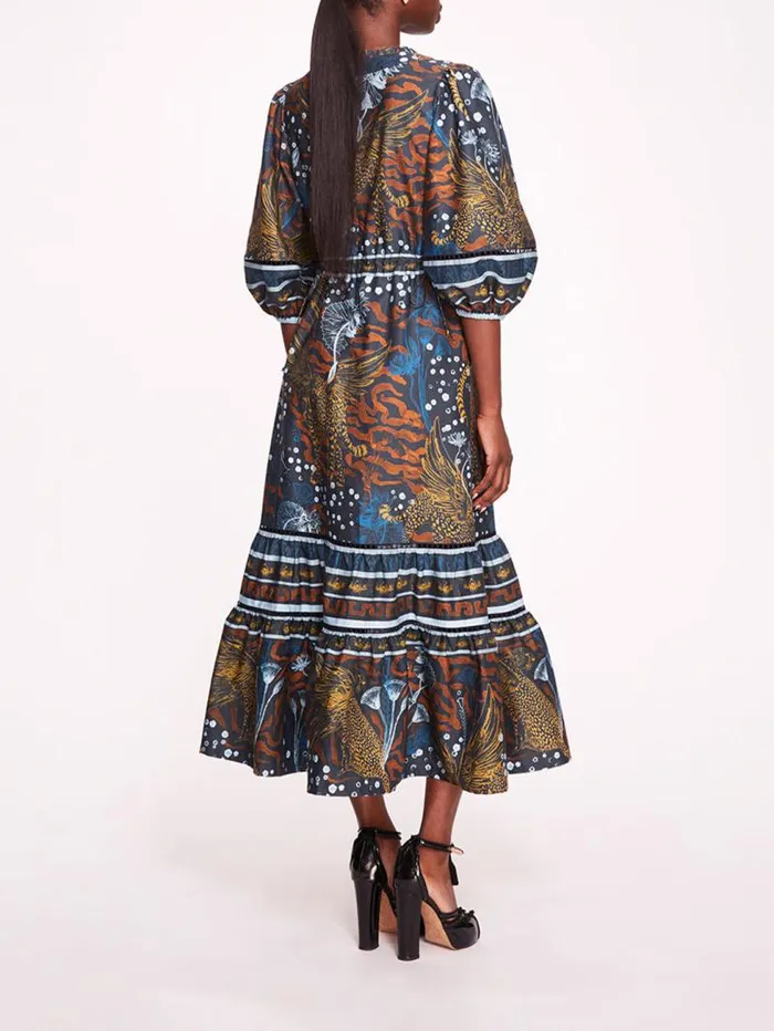 Women Marchesa Marchesa Rosa Flying Cheetah Tiered Midi Dress Blue Multi