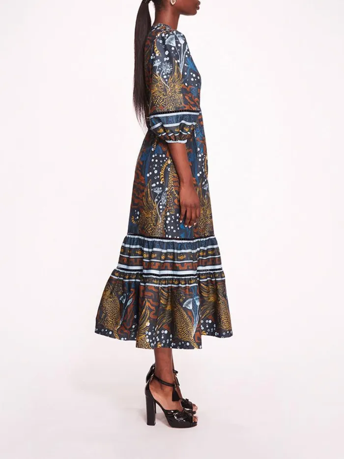 Women Marchesa Marchesa Rosa Flying Cheetah Tiered Midi Dress Blue Multi