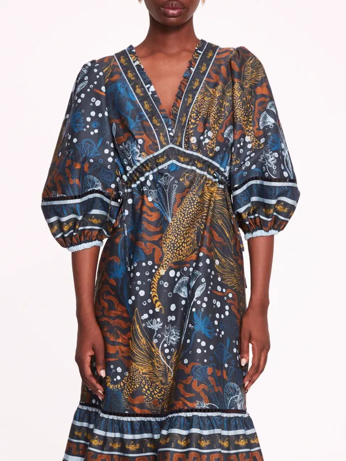 Women Marchesa Marchesa Rosa Flying Cheetah Tiered Midi Dress Blue Multi