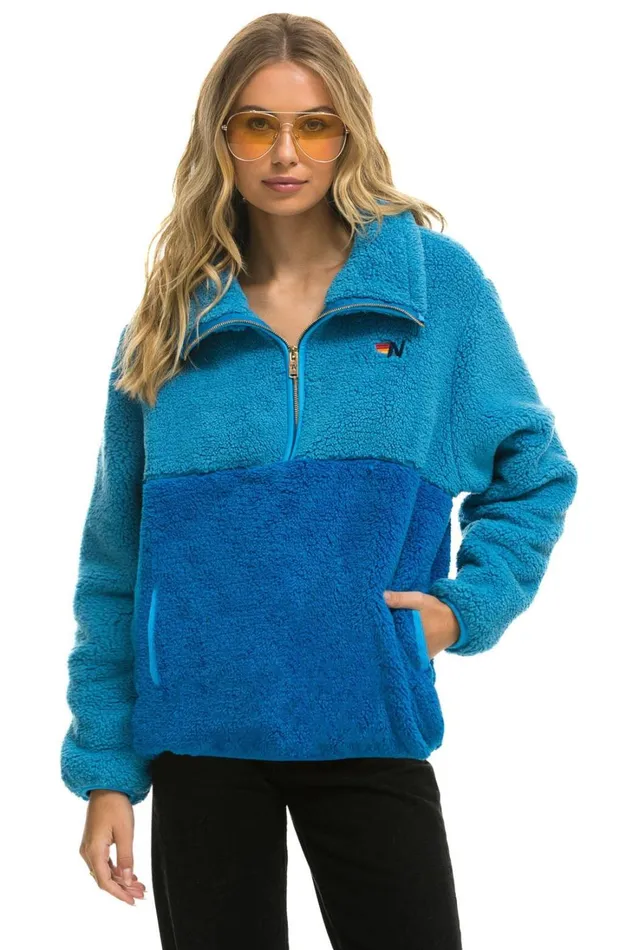 WomenMen Outerwear Aviator Nation TEDDY UNISEX HALF ZIP COLOR BLOCK JACKET 8211 OCEAN