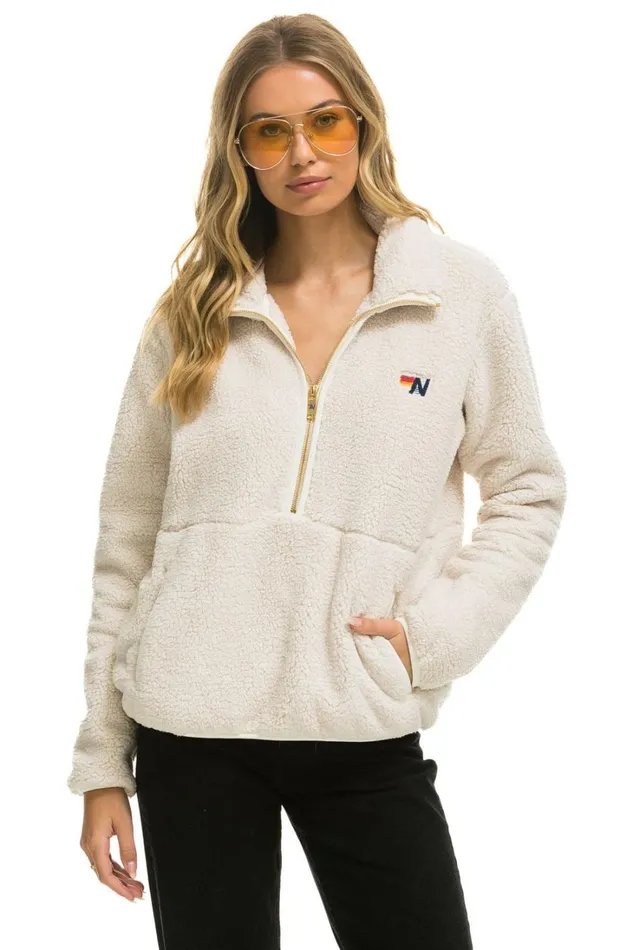 WomenMen Outerwear Aviator Nation TEDDY UNISEX HALF ZIP JACKET 8211 VINTAGE WHITE