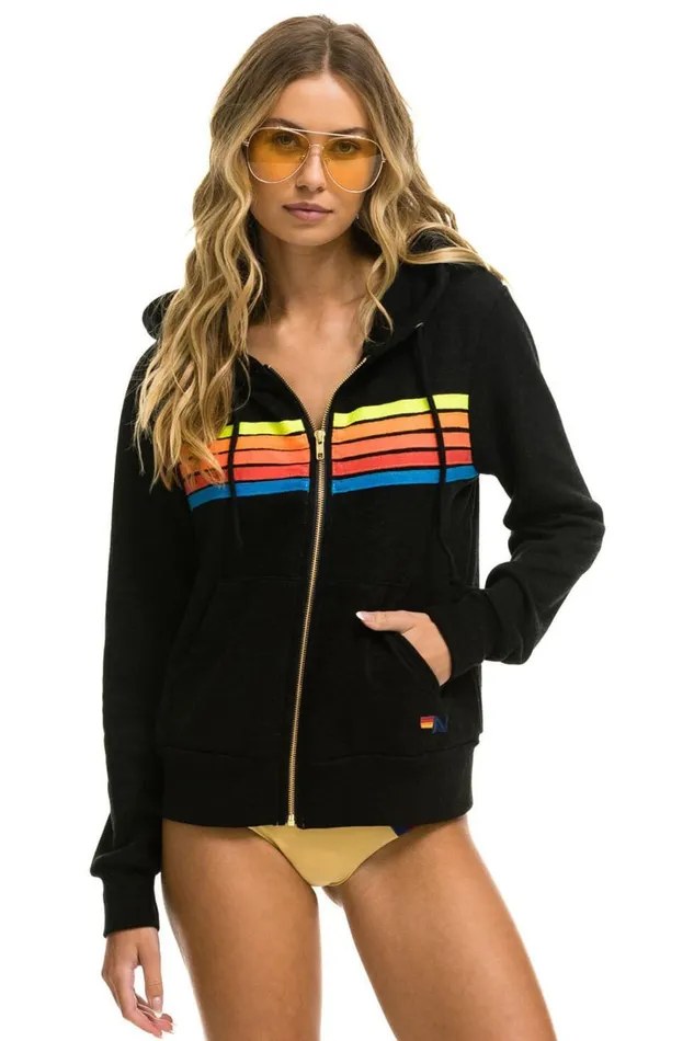 WomenMen Tops Aviator Nation 5 STRIPE HOODIE 8211 BLACK NEON RAINBOW