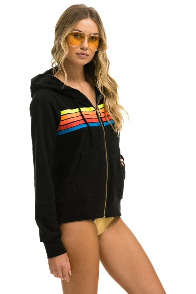 WomenMen Tops Aviator Nation 5 STRIPE HOODIE 8211 BLACK NEON RAINBOW