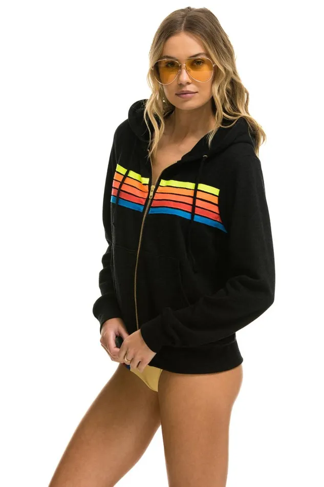 WomenMen Tops Aviator Nation 5 STRIPE HOODIE 8211 BLACK NEON RAINBOW