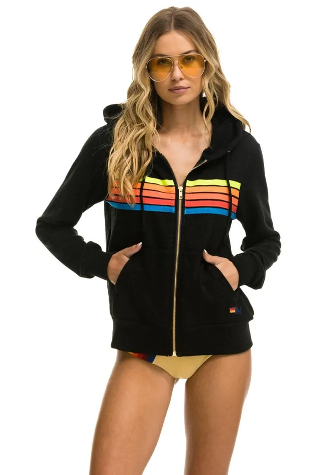 WomenMen Tops Aviator Nation 5 STRIPE HOODIE 8211 BLACK NEON RAINBOW