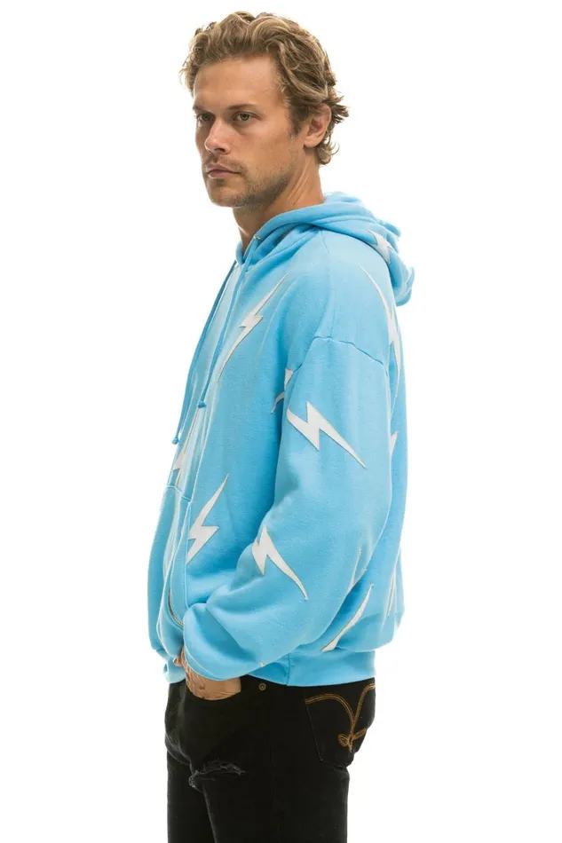 WomenMen Tops Aviator Nation BOLT STITCH REPEAT RELAXED PULLOVER HOODIE WITH POCKET ZIPPERS 8211 SKY WHITE