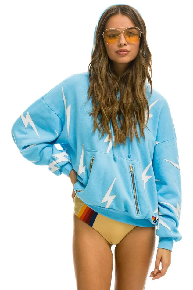 WomenMen Tops Aviator Nation BOLT STITCH REPEAT RELAXED PULLOVER HOODIE WITH POCKET ZIPPERS 8211 SKY WHITE