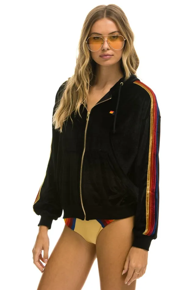 WomenMen Tops Aviator Nation CLASSIC VELVET RELAXED ZIP HOODIE 8211 BLACK