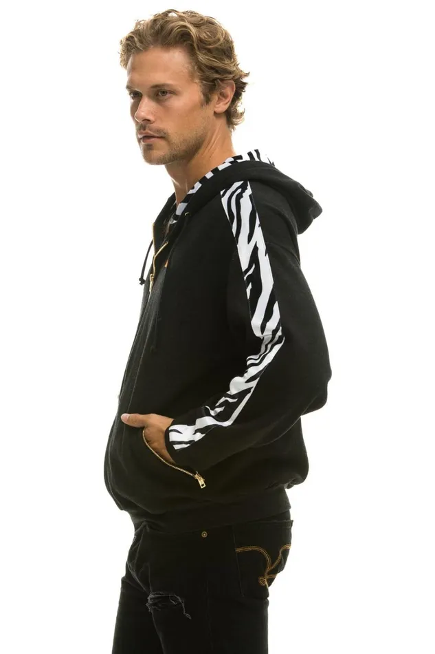 WomenMen Tops Aviator Nation ZEBRA STRIPE RELAXED ZIP HOODIE WITH POCKETS 8211 BLACK ZEBRA WomenMen Tops Aviator Nation ZEBRA STRIPE RELAXED ZIP HOODIE WITH POCKETS 8211 BLACK ZEBRA