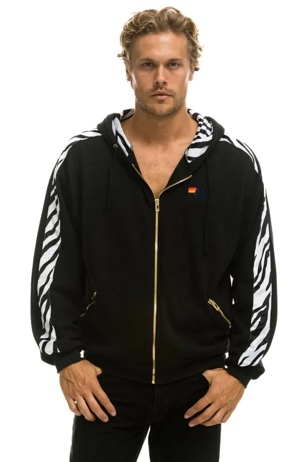 WomenMen Tops Aviator Nation ZEBRA STRIPE RELAXED ZIP HOODIE WITH POCKETS 8211 BLACK ZEBRA WomenMen Tops Aviator Nation ZEBRA STRIPE RELAXED ZIP HOODIE WITH POCKETS 8211 BLACK ZEBRA