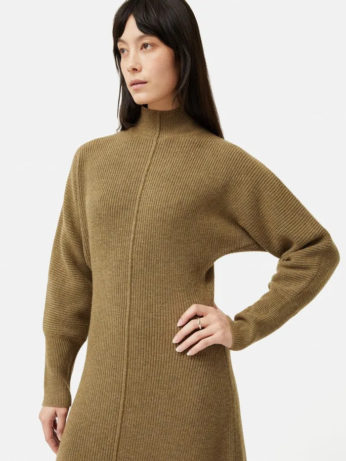 Women Merino Blend Batwing Dress Khaki Jigsaw Knitwear and Cashmere