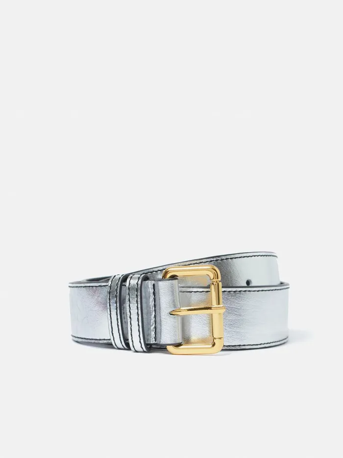 Women Metallic Leather Belt Silver Jigsaw Belts