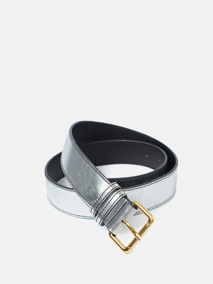 Women Metallic Leather Belt Silver Jigsaw Belts