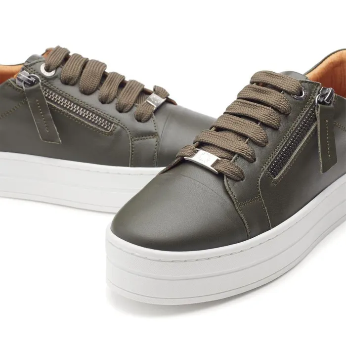 Women Moda In Pelle Casual Trainers Abbiy Khaki Leather