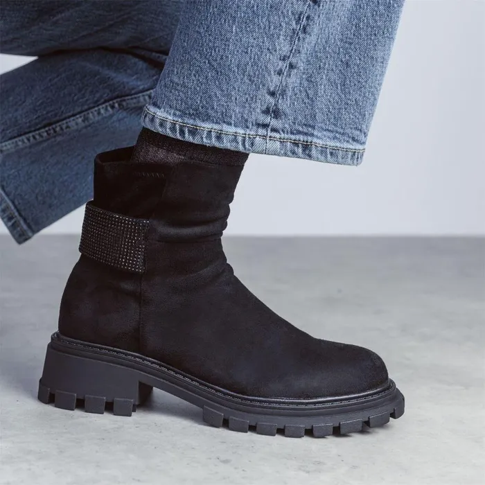 Women Moda In Pelle Chunky Boots Arilen Black Alcantara