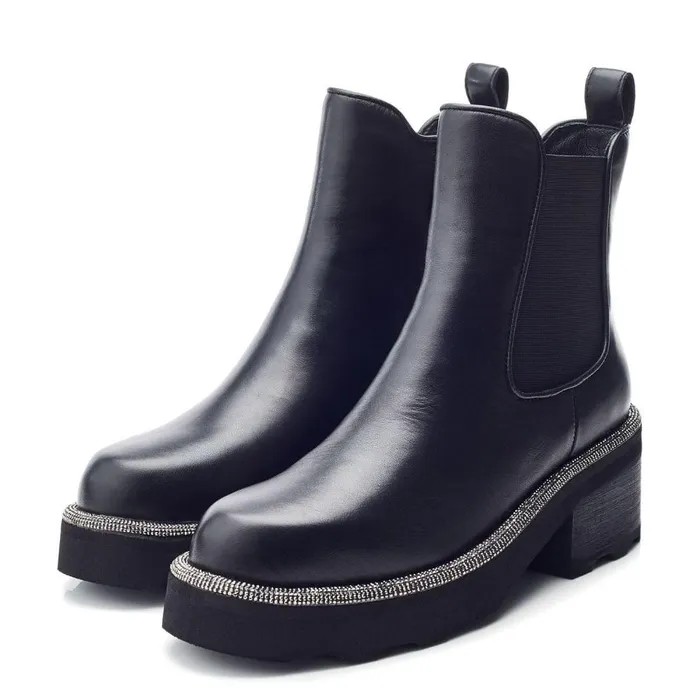 Women Moda In Pelle Chunky Boots Blanda Black Leather