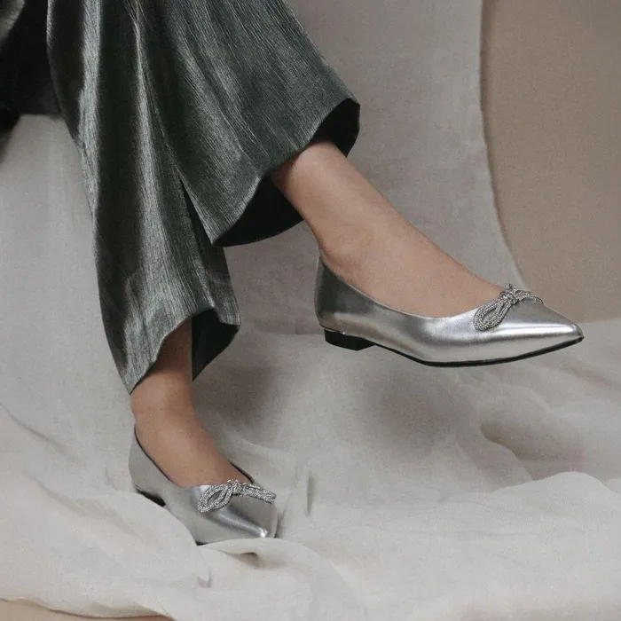 Women Moda In Pelle Flat And Ballerina Shoes Hermionee Silver Metallic Leather