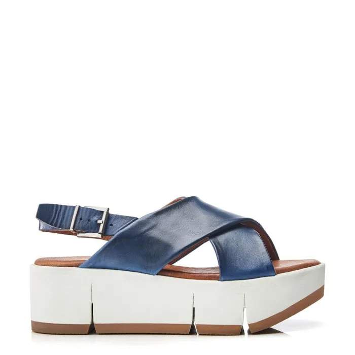 Women Moda In Pelle Flatform Sandals Ritika Blue Leather