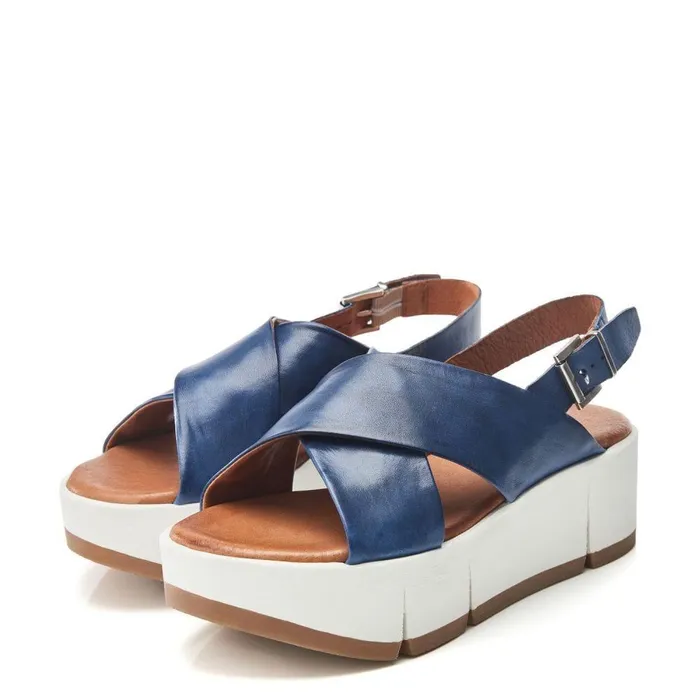 Women Moda In Pelle Flatform Sandals Ritika Blue Leather