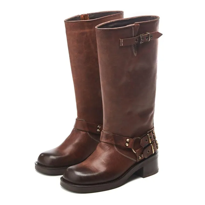 Women Moda In Pelle Knee High Boots Bsoleful BBiker Tan Leather